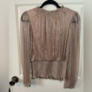 Joie Metallic Smocked Shimmer Sheer Blouse Champagne Rose Gold Size XS